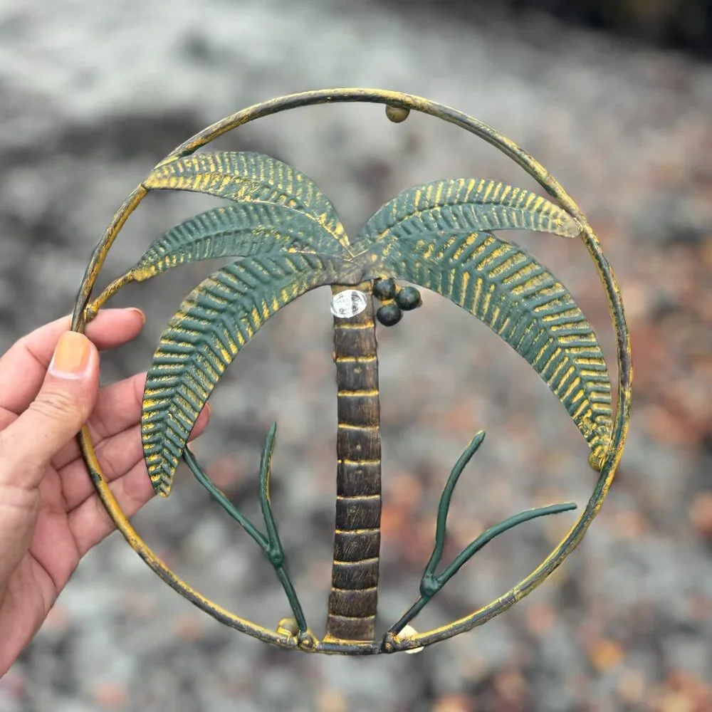 Vintage Palm Tree Metal Wall Art & Holder Set NWOT Tropical Coastal Decor